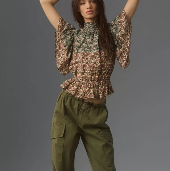 ANTHROPOLOGIE Let Me Be High-Neck Printed Peasant Blouse. Teal/mauve. XXS NWT - Picture 5 of 16